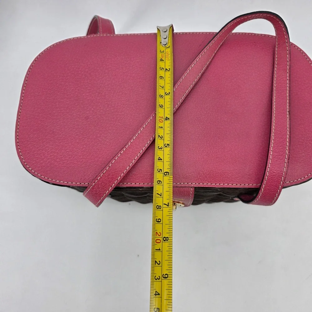 Kate Spade Pink Leather Dark Brown Wicker Picnic Basket Polka Dot Satchel Bag